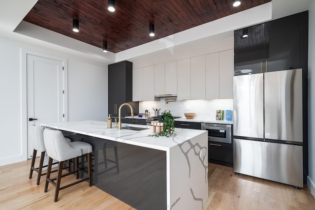 kitchen featuring backsplash, wood ceiling, light wood-type flooring, a tray ceiling, and appliances with stainless steel finishes