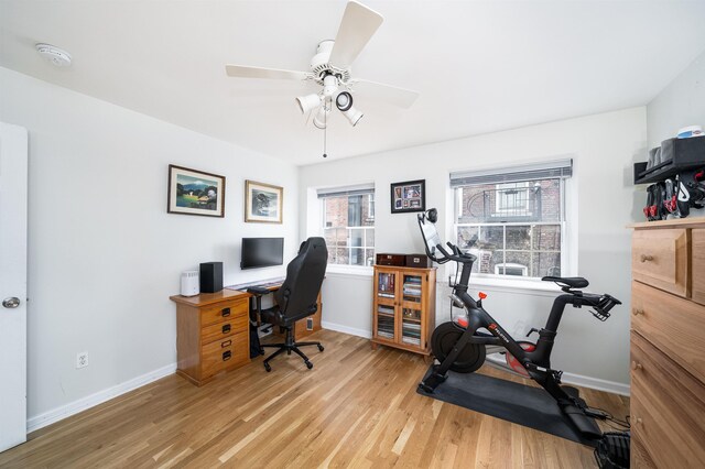 office space with wood finished floors, baseboards, and a ceiling fan
