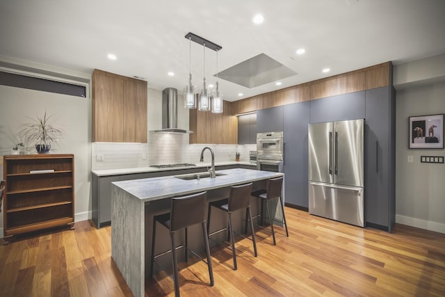 kitchen with sink, appliances with stainless steel finishes, hanging light fixtures, an island with sink, and wall chimney exhaust hood