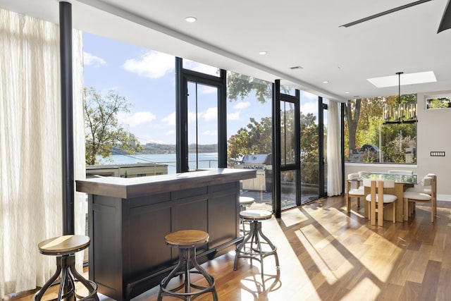 interior space featuring light hardwood / wood-style flooring, a skylight, a water view, expansive windows, and decorative light fixtures