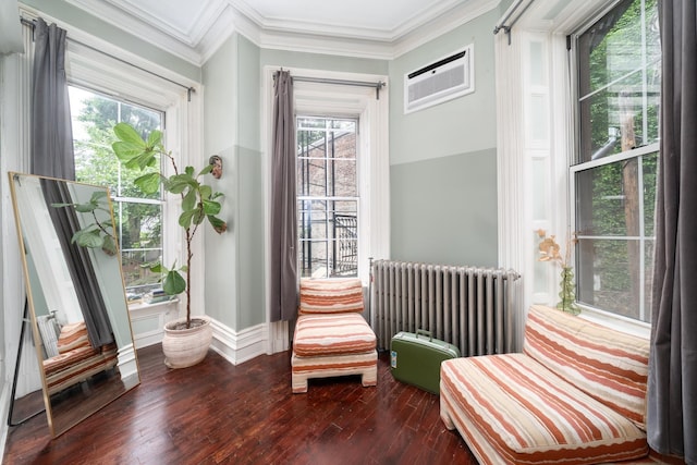 661 Jersey Ave Unit 2, Jersey City, NJ 07302 - living area featuring radiator, hardwood / wood-style flooring, ornamental molding, a wall mounted AC, and baseboards