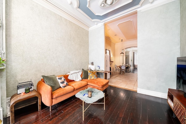 661 Jersey Ave Unit 2, Jersey City, NJ 07302 - living area featuring crown molding, wood-type flooring, arched walkways, and decorative columns