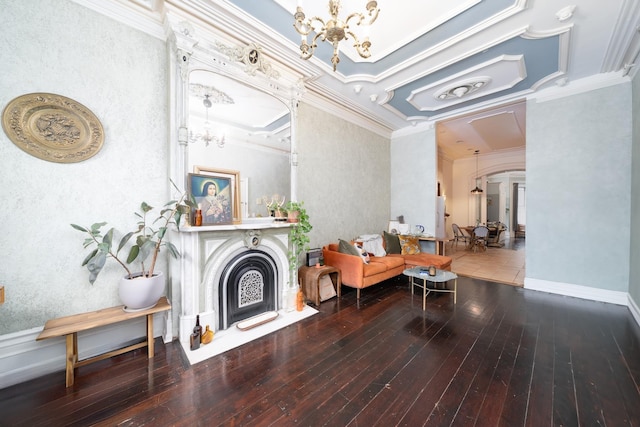661 Jersey Ave Unit 2, Jersey City, NJ 07302 - sitting room with a chandelier, hardwood / wood-style floors, a fireplace with flush hearth, crown molding, and arched walkways