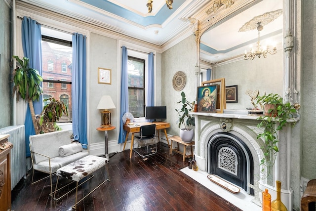 661 Jersey Ave Unit 2, Jersey City, NJ 07302 - office area with wood-type flooring, ornamental molding, a fireplace, a chandelier, and baseboards