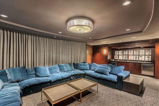 carpeted home theater with a tray ceiling