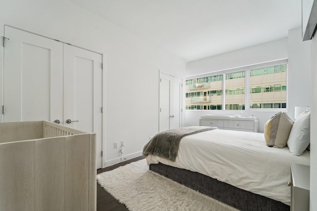 bedroom featuring two closets and dark wood-type flooring