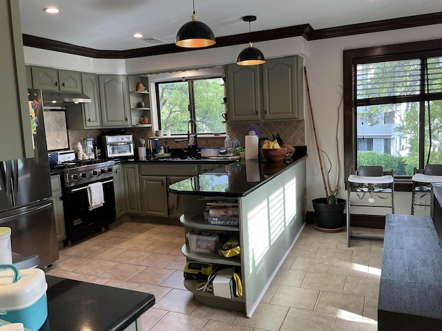 308 Sea Isle Ky Unit 308, Secaucus, NJ 07094 - kitchen featuring open shelves, appliances with stainless steel finishes, crown molding, dark countertops, and under cabinet range hood