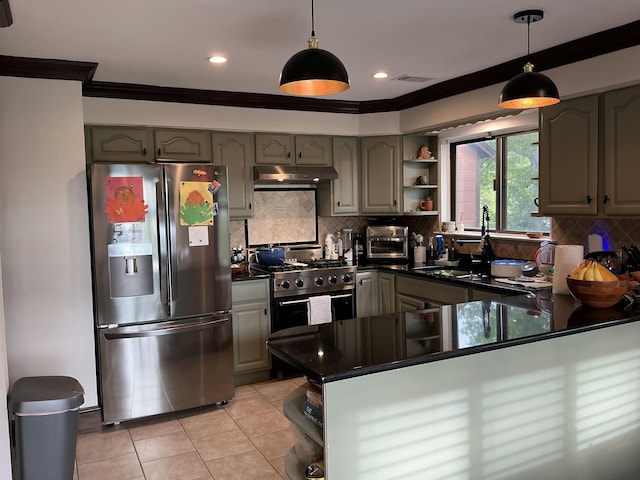 308 Sea Isle Ky Unit 308, Secaucus, NJ 07094 - kitchen featuring stainless steel appliances, open shelves, under cabinet range hood, ornamental molding, and dark countertops