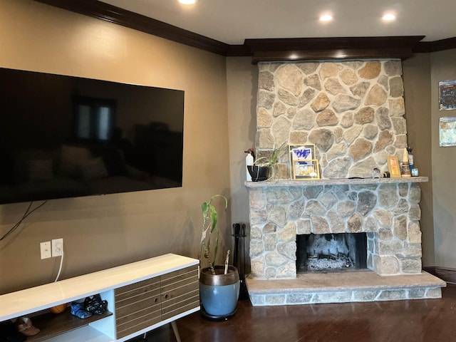 308 Sea Isle Ky Unit 308, Secaucus, NJ 07094 - living room with ornamental molding, wood finished floors, a fireplace, and recessed lighting