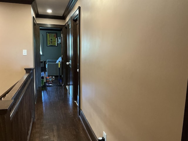 308 Sea Isle Ky Unit 308, Secaucus, NJ 07094 - hallway with ornamental molding, dark wood-style flooring, and an upstairs landing