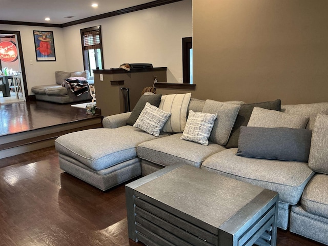 308 Sea Isle Ky Unit 308, Secaucus, NJ 07094 - living room featuring dark wood-style flooring, crown molding, and recessed lighting