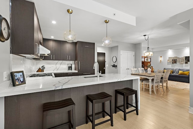 1400 Hudson St Unit 511, Hoboken, NJ 07030 - kitchen featuring wall chimney range hood, a peninsula, dark brown cabinetry, light wood-style floors, and tasteful backsplash