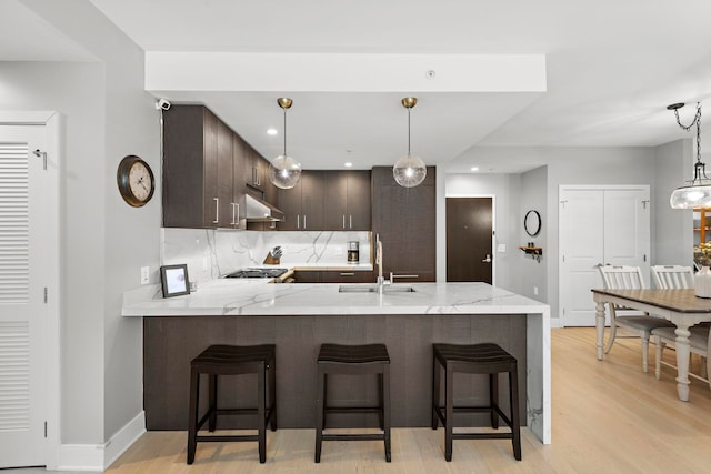 1400 Hudson St Unit 511, Hoboken, NJ 07030 - kitchen with dark brown cabinetry, a peninsula, ventilation hood, light wood-type flooring, and tasteful backsplash