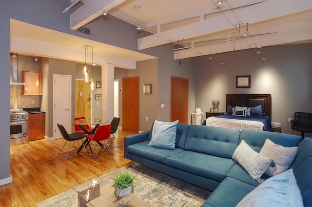 1034 Clinton St Unit 208, Hoboken, NJ 07030 - living room featuring light wood-type flooring, ornate columns, and rail lighting