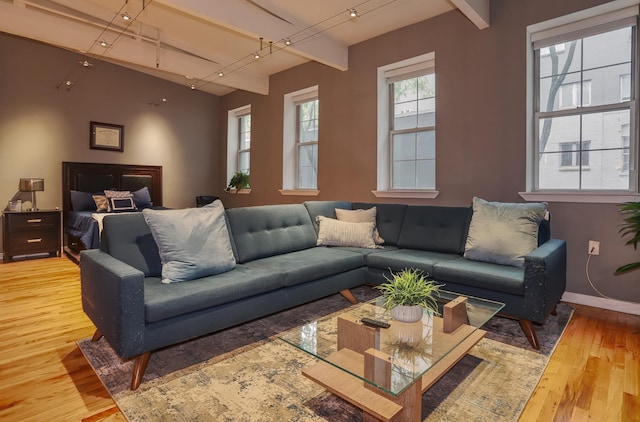 1034 Clinton St Unit 208, Hoboken, NJ 07030 - living room with light wood finished floors, rail lighting, and beamed ceiling