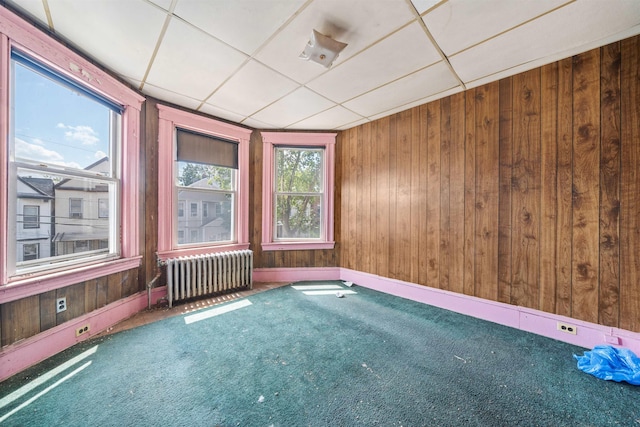 152 Bidwell Ave, Jersey City, NJ 07305 - carpeted spare room with radiator, wooden walls, and a paneled ceiling