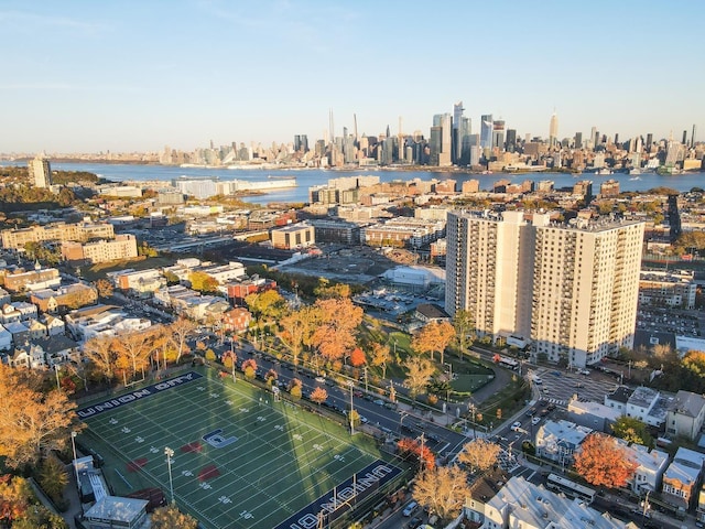 drone / aerial view of a skyline view and a large body of water