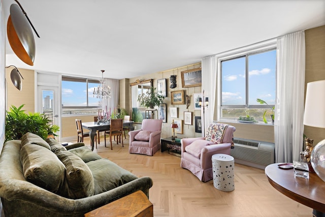 100 Manhattan Ave Unit 1517, Union City, NJ 07087 - living area with a chandelier and a wall mounted air conditioner