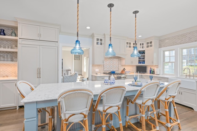 26 Bridge St, Bay Head Borough, NJ 08742 - kitchen with open shelves, a sink, backsplash, wood finished floors, and pendant lighting