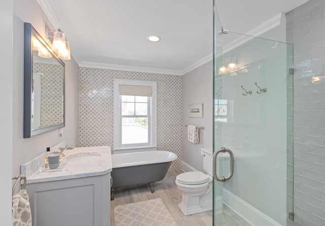 26 Bridge St, Bay Head Borough, NJ 08742 - full bath with ornamental molding, a soaking tub, a stall shower, vanity, and toilet