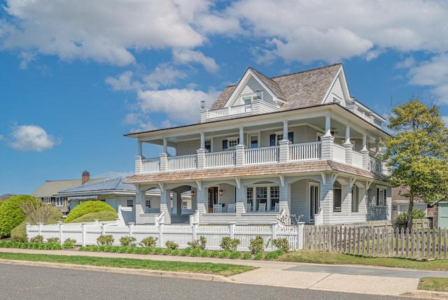 26 Bridge St, Bay Head Borough, NJ 08742 - view of front facade featuring covered porch, a balcony, and a fenced front yard