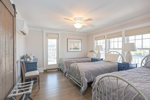 26 Bridge St, Bay Head Borough, NJ 08742 - bedroom with a wall mounted air conditioner, crown molding, wood finished floors, baseboards, and a barn door
