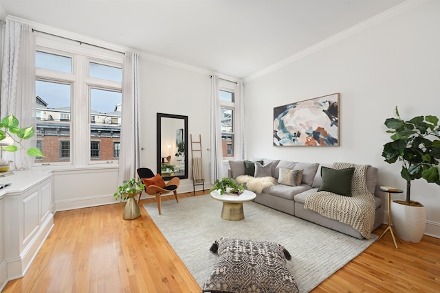 living area featuring crown molding and light wood finished floors