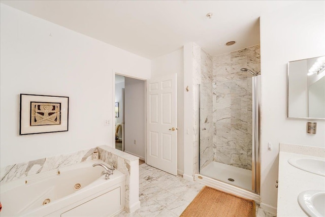 252 The Promenade Unit 252, Edgewater, NJ 07020 - bathroom with a jetted tub, a stall shower, vanity, and marble finish flooring