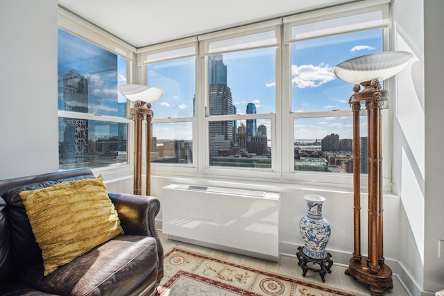 sitting room featuring a city view and radiator heating unit