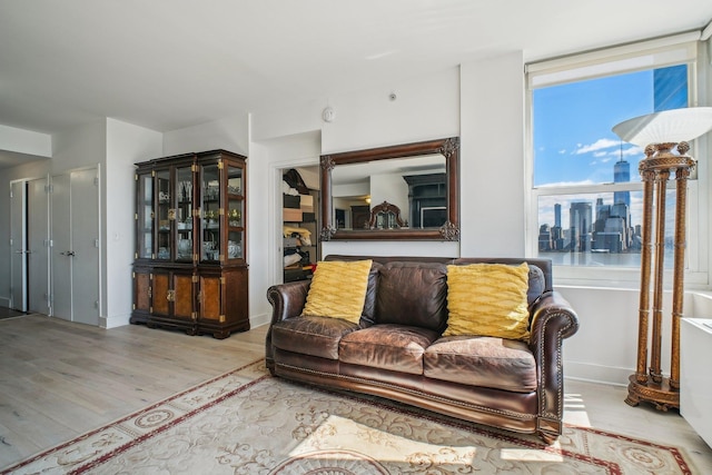 living area with a view of city and wood finished floors