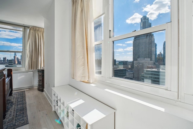 interior space with a view of city and wood finished floors