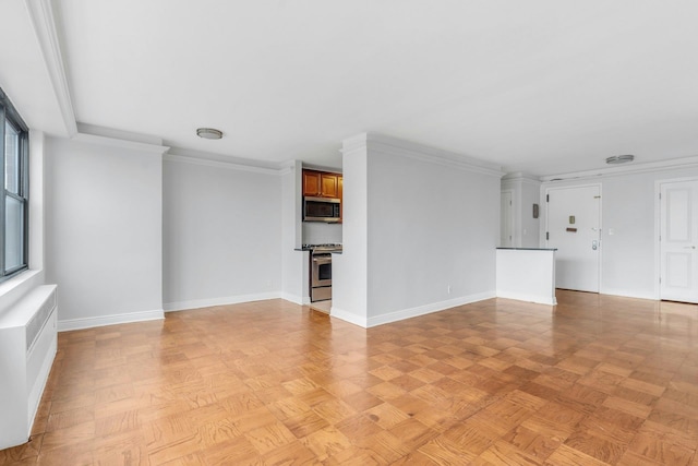 unfurnished living room featuring ornamental molding, radiator heating unit, and light parquet floors