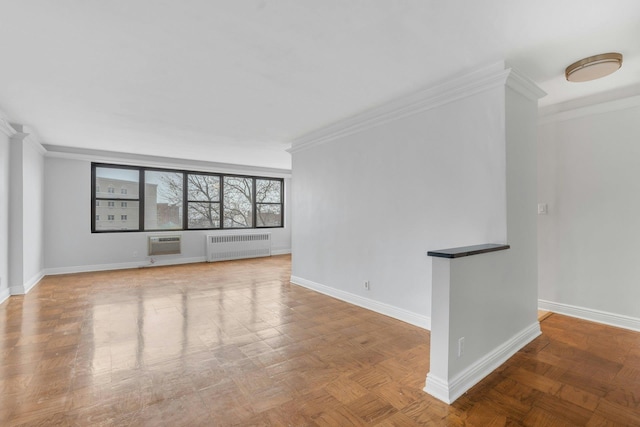 unfurnished living room with ornamental molding, light parquet flooring, and radiator