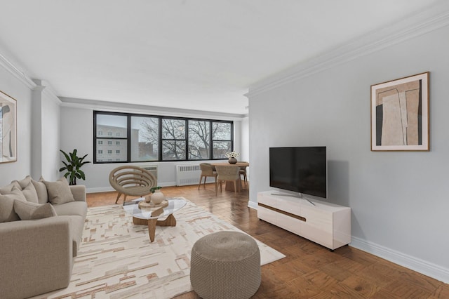 living room featuring crown molding, parquet floors, and radiator