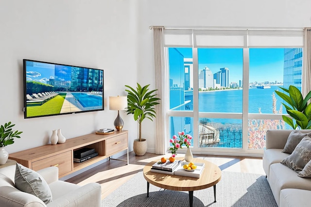 77 Hudson St Unit 1408, Jersey City, NJ 07302 - living area featuring a city view, wood finished floors, and plenty of natural light