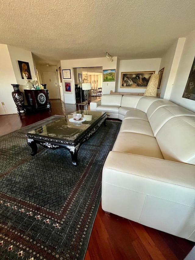 living room with a textured ceiling and wood finished floors