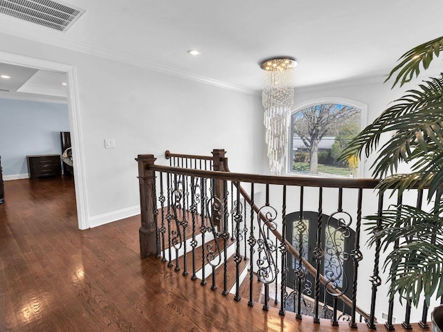 183 Oak Ave, River Edge, NJ 07661 - hallway featuring an upstairs landing, baseboards, wood finished floors, a chandelier, and recessed lighting