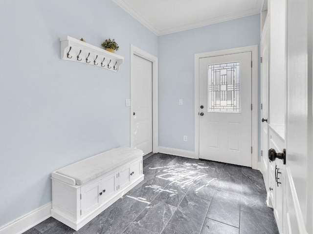 183 Oak Ave, River Edge, NJ 07661 - mudroom featuring crown molding, baseboards, and dark marble finish floors