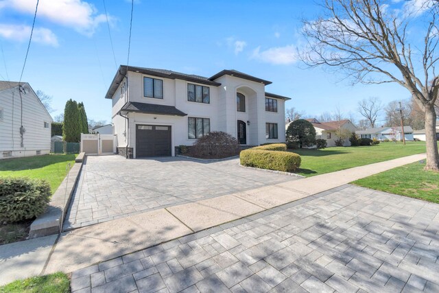 183 Oak Ave, River Edge, NJ 07661 - view of front of home featuring decorative driveway, a garage, and stucco siding