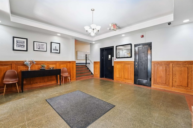 2520 Kennedy Blvd Unit 4J, Jersey City, NJ 07304 - reception featuring recessed lighting, a wainscoted wall, a chandelier, stairs, and a surveillance system