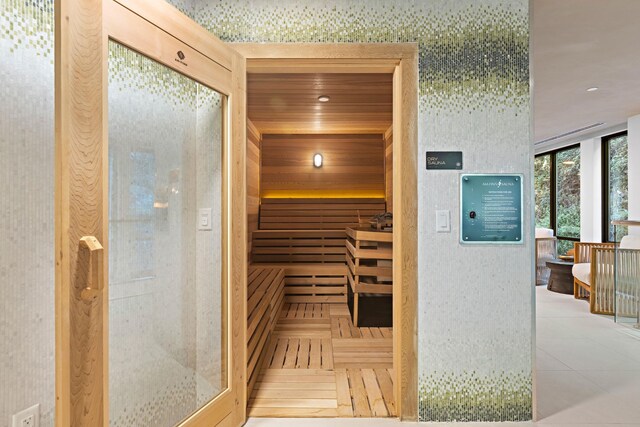 view of sauna / steam room with parquet flooring