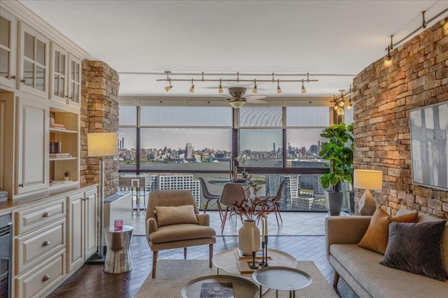 380 Mountain Rd Unit 808, Union City, NJ 07087 - living area featuring a view of city, dark wood-style floors, and a ceiling fan