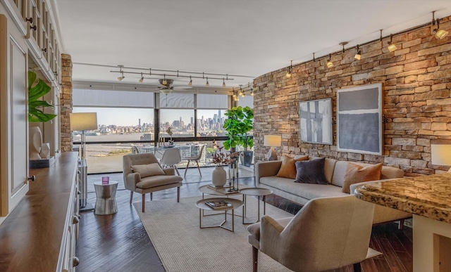 380 Mountain Rd Unit 808, Union City, NJ 07087 - living area featuring ceiling fan, a city view, dark wood finished floors, and rail lighting