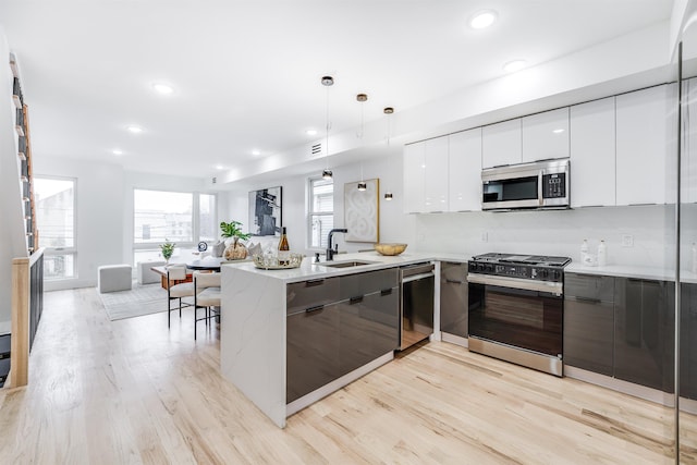 kitchen with white cabinets, sink, light wood-type flooring, decorative light fixtures, and stainless steel appliances