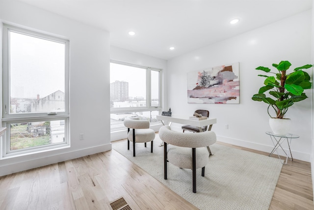 office space with plenty of natural light and light hardwood / wood-style floors