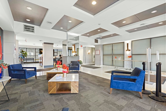 lobby with coffered ceiling and recessed lighting