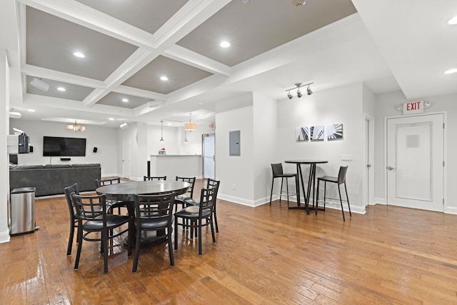 dining space with coffered ceiling, hardwood / wood-style floors, electric panel, beamed ceiling, and baseboards