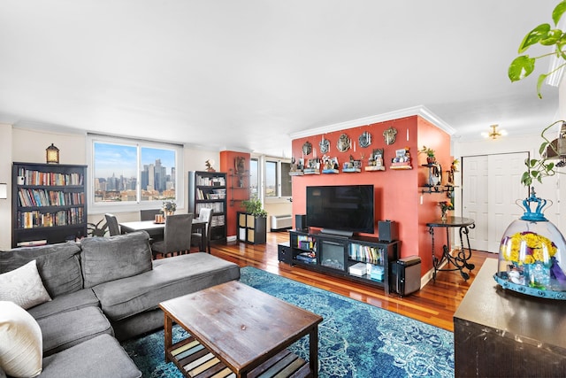 living room featuring wood finished floors, crown molding, and radiator