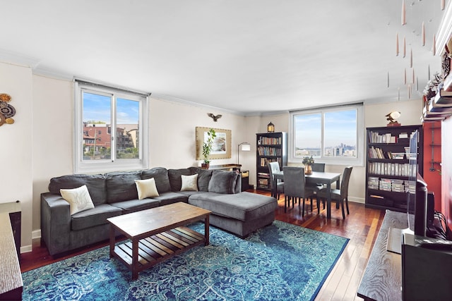 living room featuring hardwood / wood-style floors and ornamental molding