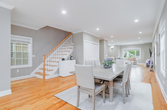 347 Forest St, Kearny, NJ 07032 - dining space with stairway, crown molding, light wood-type flooring, recessed lighting, and baseboards